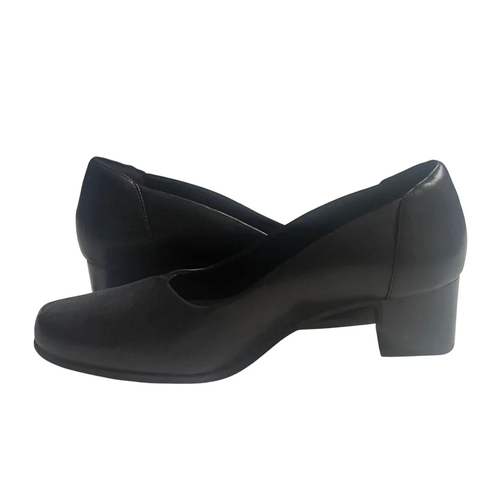 Clarks Unstructured Black Leather Block Heel Pumps Round Toe‎ Womens 10 M